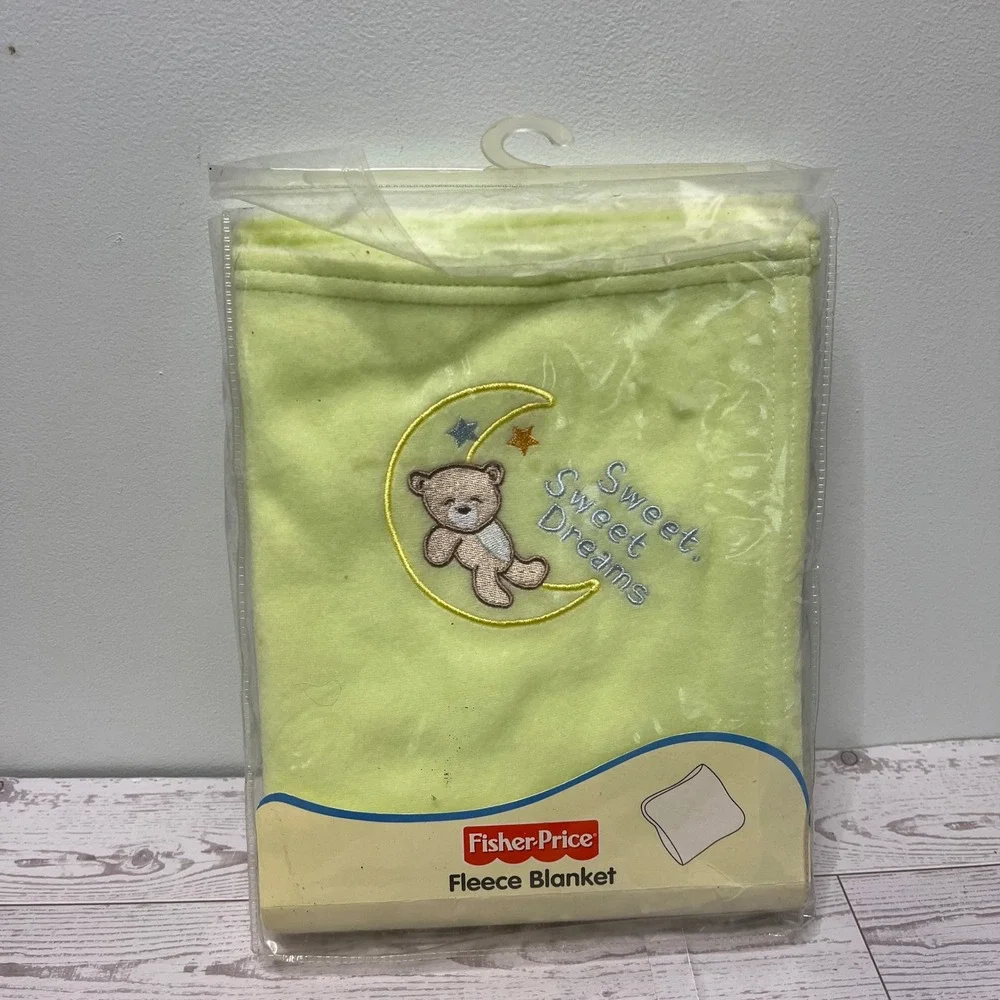 VTG Fisher-Price Fleece Baby Blanket Green Teddy Bear Moon Sweet Dreams 2005